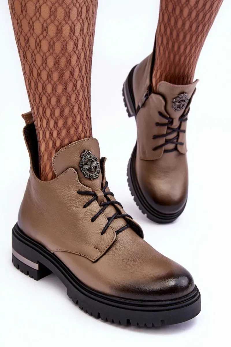 Botki Skórzane|Botki Sznurowane>Boto Damskie Skórzane Botki Na Płaskim Obcasie Beżowe Lemar Charline