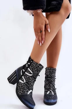 Best Damskie Skórzane Botki Na Obcasie 05605-01 Czarno-Białe Damskie Botki Wiosenne|Botki Na Słupku