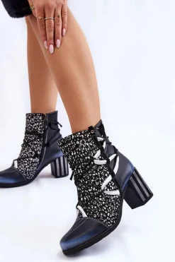 Best Damskie Skórzane Botki Na Obcasie 05605-01 Czarno-Białe Damskie Botki Wiosenne|Botki Na Słupku
