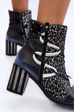 Best Damskie Skórzane Botki Na Obcasie 05605-01 Czarno-Białe Damskie Botki Wiosenne|Botki Na Słupku