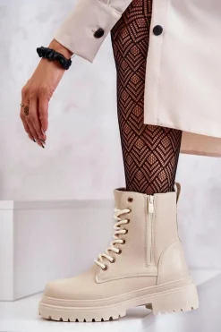 Sale Evento Damskie Skórzane Botki Ocieplane Jasnobeżowe Dorchen Beżowy