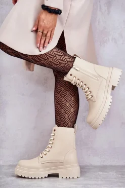 Sale Evento Damskie Skórzane Botki Ocieplane Jasnobeżowe Dorchen Beżowy