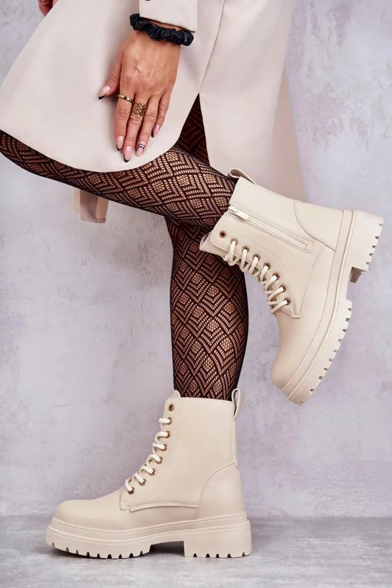 Sale Evento Damskie Skórzane Botki Ocieplane Jasnobeżowe Dorchen Beżowy