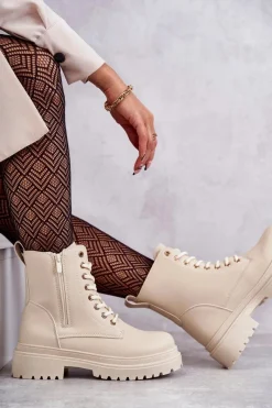 Sale Evento Damskie Skórzane Botki Ocieplane Jasnobeżowe Dorchen Beżowy