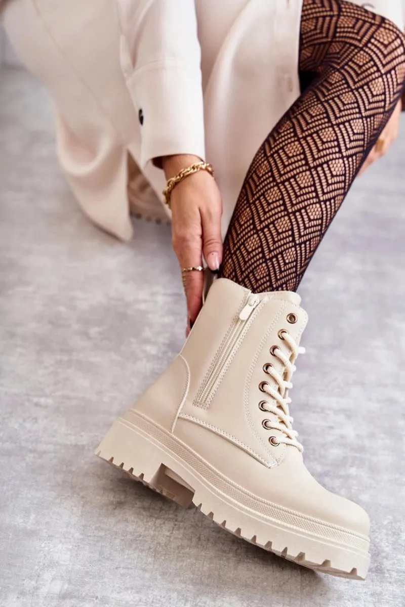 Sale Evento Damskie Skórzane Botki Ocieplane Jasnobeżowe Dorchen Beżowy