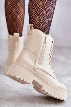 Sale Evento Damskie Skórzane Botki Ocieplane Jasnobeżowe Dorchen Beżowy