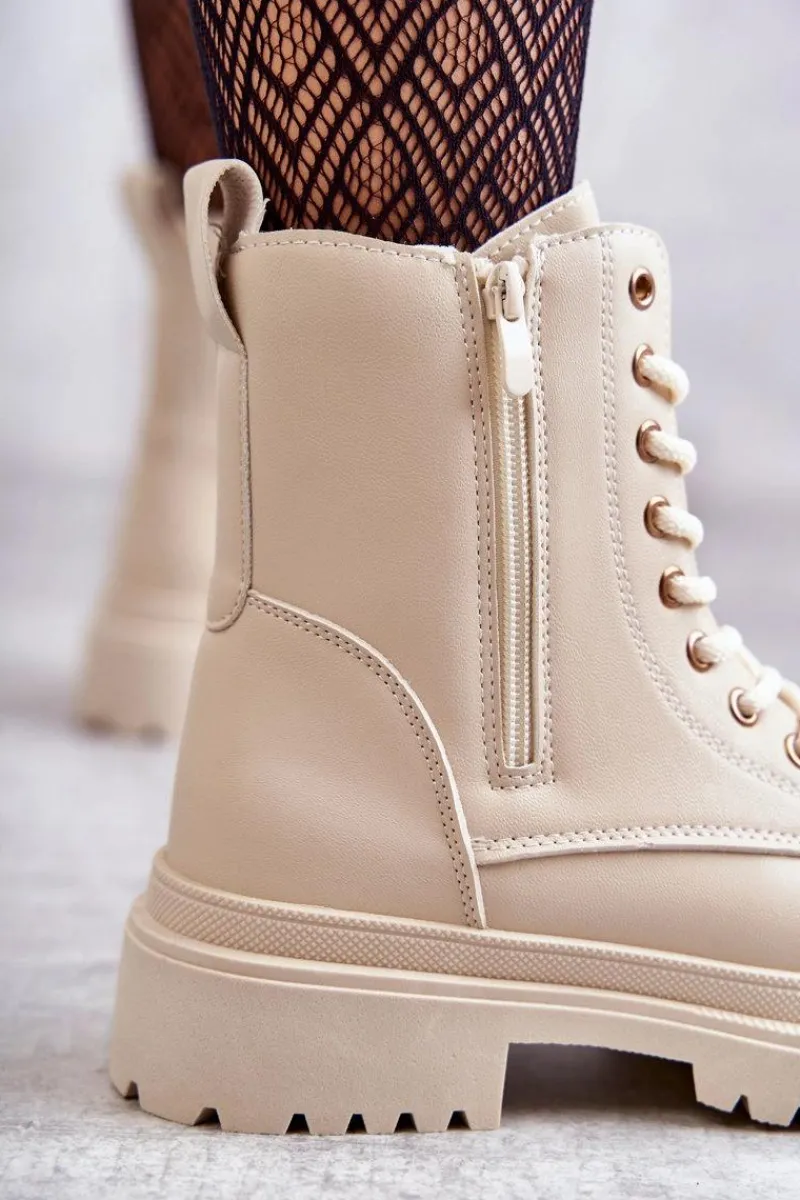 Sale Evento Damskie Skórzane Botki Ocieplane Jasnobeżowe Dorchen Beżowy