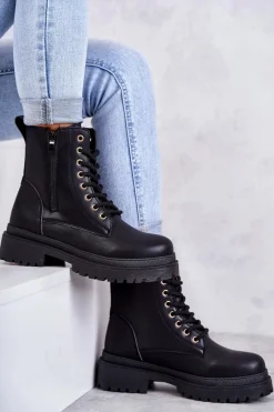 Botki Ocieplane|Botki Sznurowane>Evento Damskie Skórzane Botki Ocieplane Czarne Dorchen Czarny