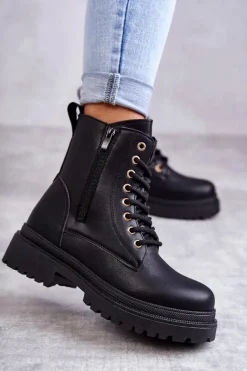 Botki Ocieplane|Botki Sznurowane>Evento Damskie Skórzane Botki Ocieplane Czarne Dorchen Czarny