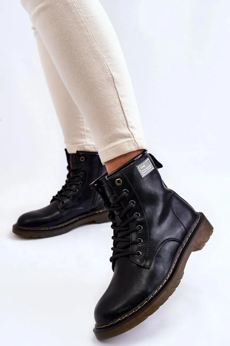 New Damskie Skórzane Botki Ocieplane II2N4053 Czarne Damskie Botki Sznurowane|Czarne Botki