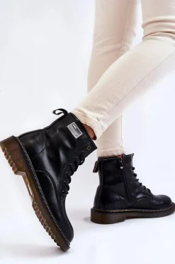 New Damskie Skórzane Botki Ocieplane II2N4053 Czarne Damskie Botki Sznurowane|Czarne Botki