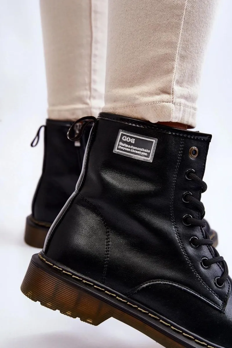 New Damskie Skórzane Botki Ocieplane II2N4053 Czarne Damskie Botki Sznurowane|Czarne Botki