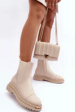 Discount Boto Damskie Skórzane Botki Sztyblety Beżowe Nialee Beżowy