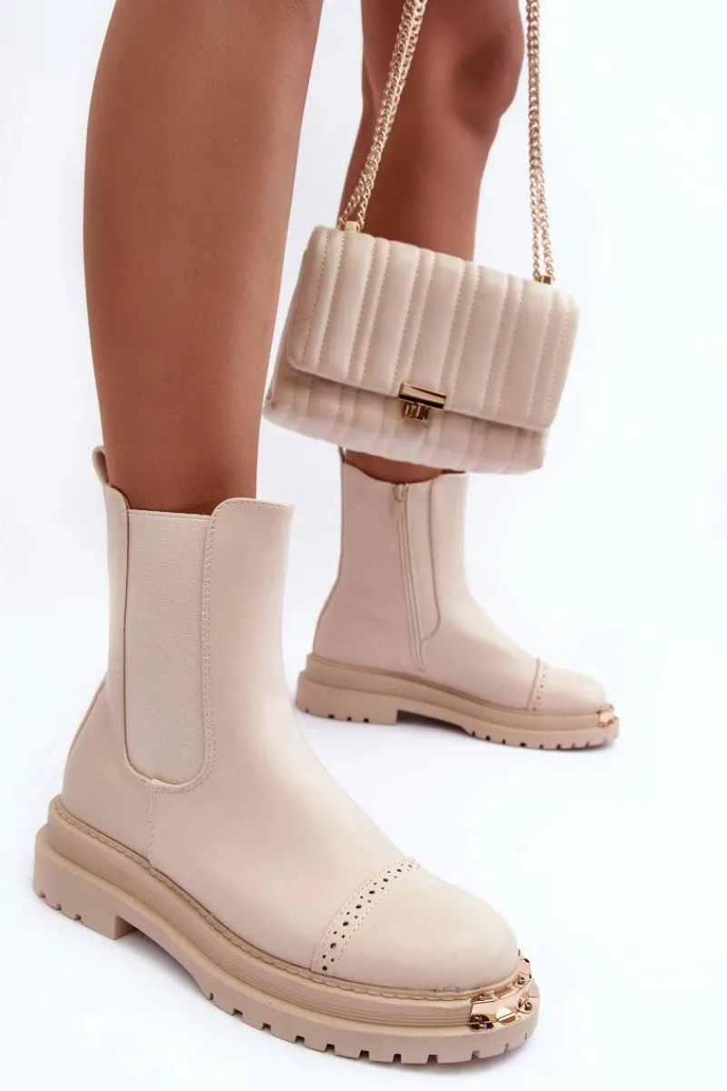 Discount Boto Damskie Skórzane Botki Sztyblety Beżowe Nialee Beżowy