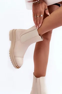 Discount Boto Damskie Skórzane Botki Sztyblety Beżowe Nialee Beżowy