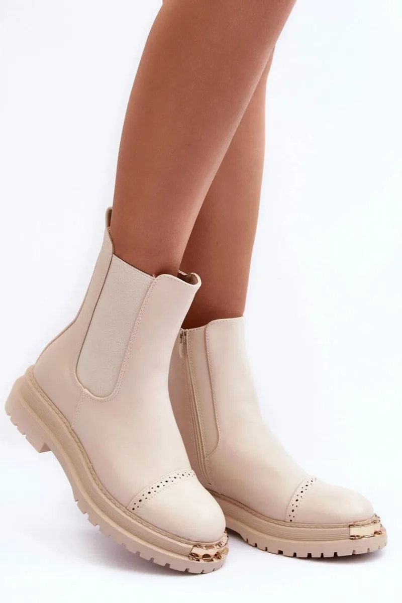 Discount Boto Damskie Skórzane Botki Sztyblety Beżowe Nialee Beżowy