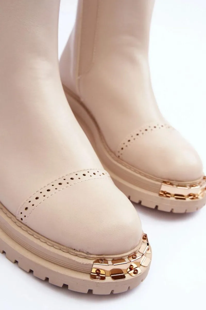 Discount Boto Damskie Skórzane Botki Sztyblety Beżowe Nialee Beżowy