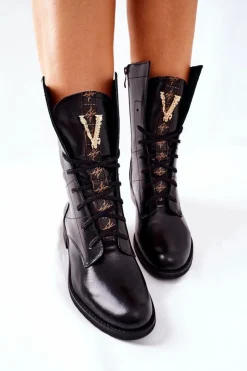 Botki Sznurowane|Czarne Botki>Boto Damskie Skórzane Botki Trzewiki Nicole Czarne 2581/001