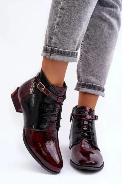 Botki Maciejka|Botki Sznurowane>Maciejka Damskie Skórzane Botki Trzewiki 5743A-23 Bordowe Czerwony