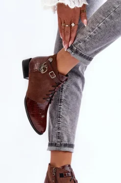 Outlet Damskie Skórzane Botki Trzewiki 5743A-02 Brązowe Damskie Botki Maciejka|Damskie Trapery