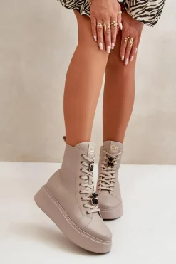 Outlet Damskie Skórzane Botki Workery Z Przypinkami Beżowe 4294 Damskie Damskie Trapery|Botki Skórzane