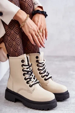 Botki Ocieplane|Botki Sznurowane>Evento Damskie Skórzane Botki Workery Jasnobeżowe Denila Beżowy