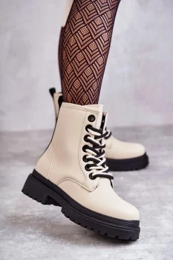 Botki Ocieplane|Botki Sznurowane>Evento Damskie Skórzane Botki Workery Jasnobeżowe Denila Beżowy