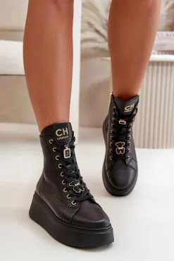 New CheBello Damskie Skórzane Botki Workery Z Przypinkami Czarne 4294