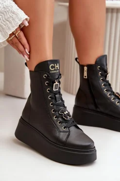 New CheBello Damskie Skórzane Botki Workery Z Przypinkami Czarne 4294