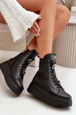 New CheBello Damskie Skórzane Botki Workery Z Przypinkami Czarne 4294