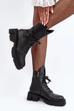 Best Zazoo Damskie Skórzane Botki Workery Na Masywnym Płaskim Obcasie 976A Czarne