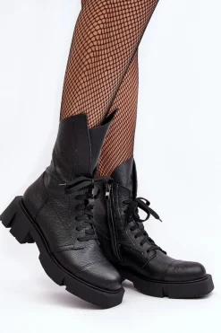 Best Zazoo Damskie Skórzane Botki Workery Na Masywnym Płaskim Obcasie 976A Czarne