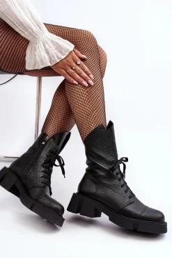 Best Zazoo Damskie Skórzane Botki Workery Na Masywnym Płaskim Obcasie 976A Czarne