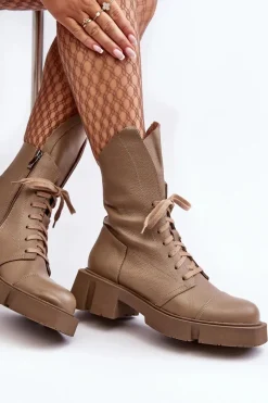 Hot Damskie Skórzane Botki Workery Na Masywnym Płaskim Obcasie 976A Ciemnobeżowe Damskie Botki Skórzane|Botki Sznurowane