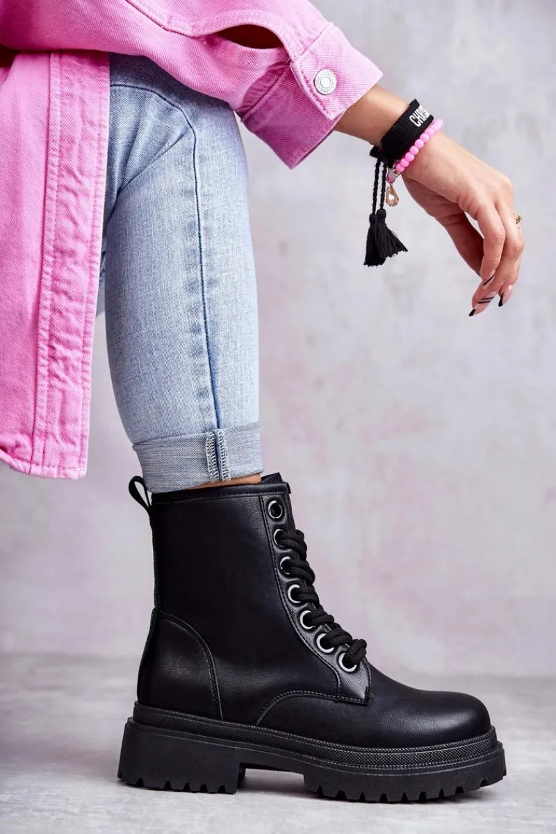 Clearance Evento Damskie Skórzane Botki Workery Czarne Denila