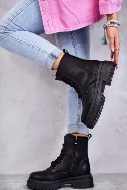 Clearance Evento Damskie Skórzane Botki Workery Czarne Denila