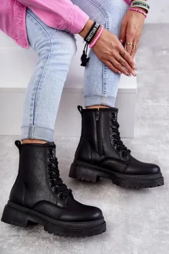 Clearance Evento Damskie Skórzane Botki Workery Czarne Denila