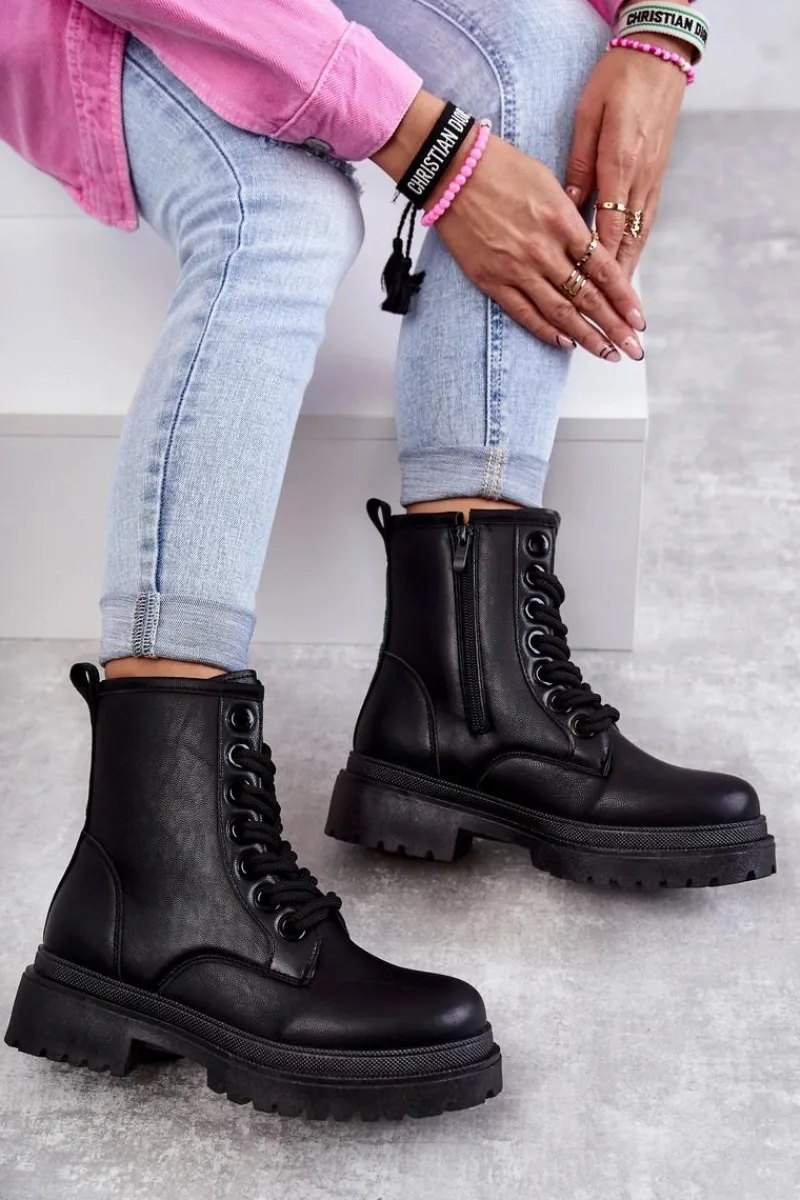 Clearance Evento Damskie Skórzane Botki Workery Czarne Denila