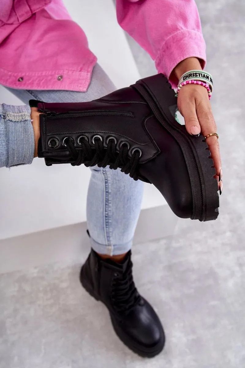 Clearance Evento Damskie Skórzane Botki Workery Czarne Denila