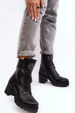 Botki Na Słupku|Czarne Botki>Buty damskie Vinceza Damskie Skórzane Botki Z Dżetami Czarne Rosie