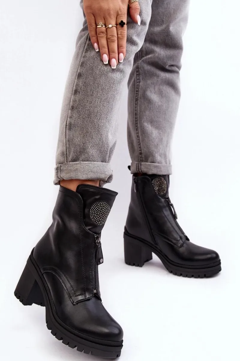 Botki Na Słupku|Czarne Botki>Buty damskie Vinceza Damskie Skórzane Botki Z Dżetami Czarne Rosie