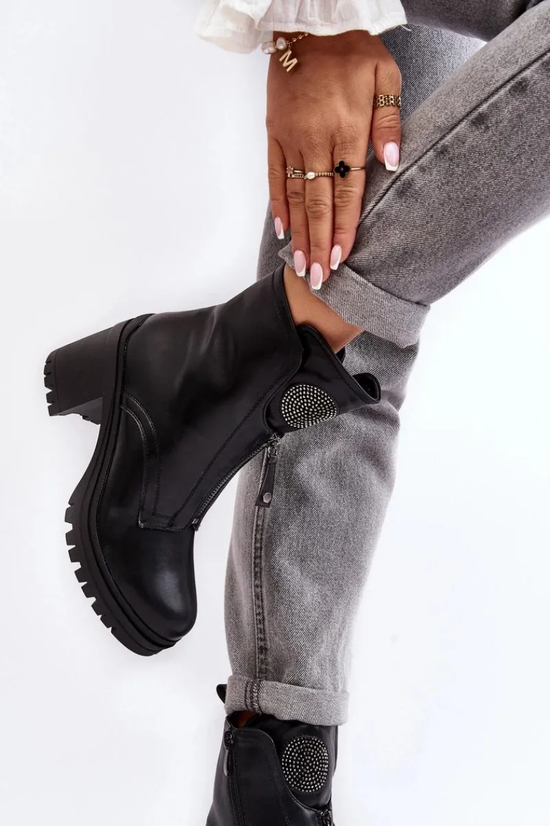 Botki Na Słupku|Czarne Botki>Buty damskie Vinceza Damskie Skórzane Botki Z Dżetami Czarne Rosie