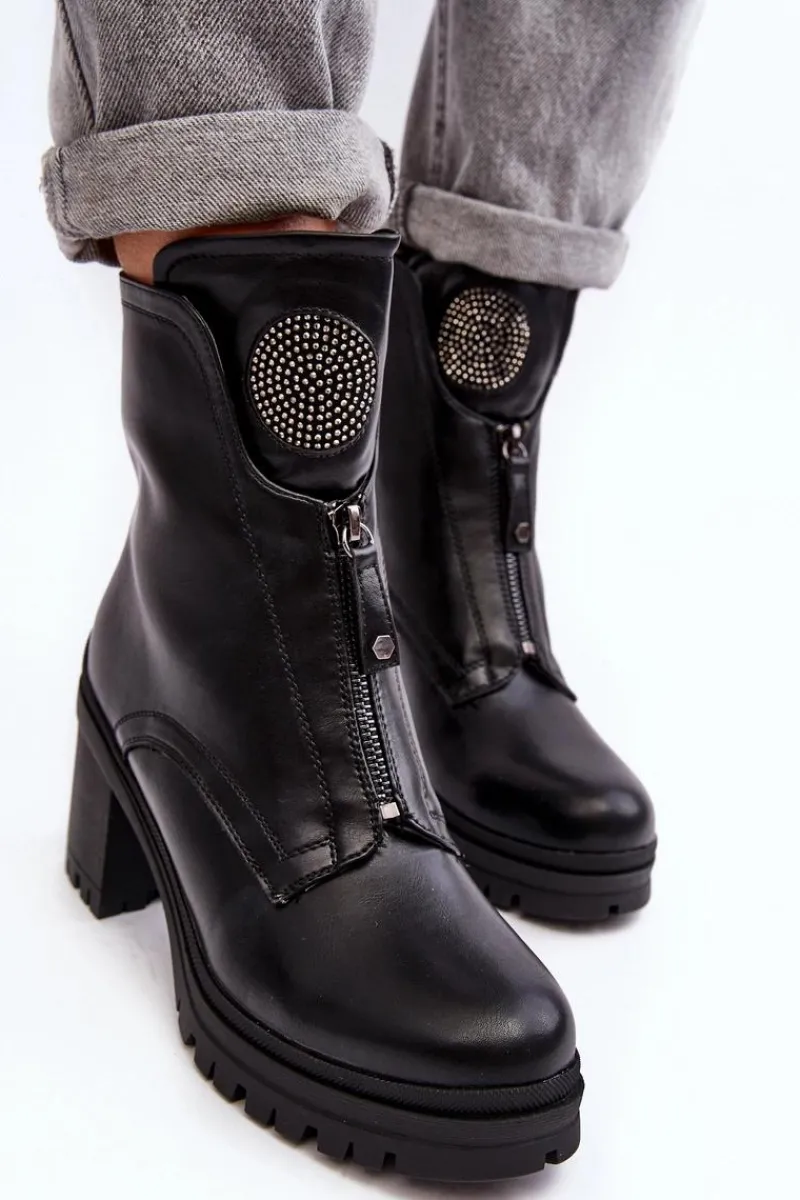 Botki Na Słupku|Czarne Botki>Buty damskie Vinceza Damskie Skórzane Botki Z Dżetami Czarne Rosie