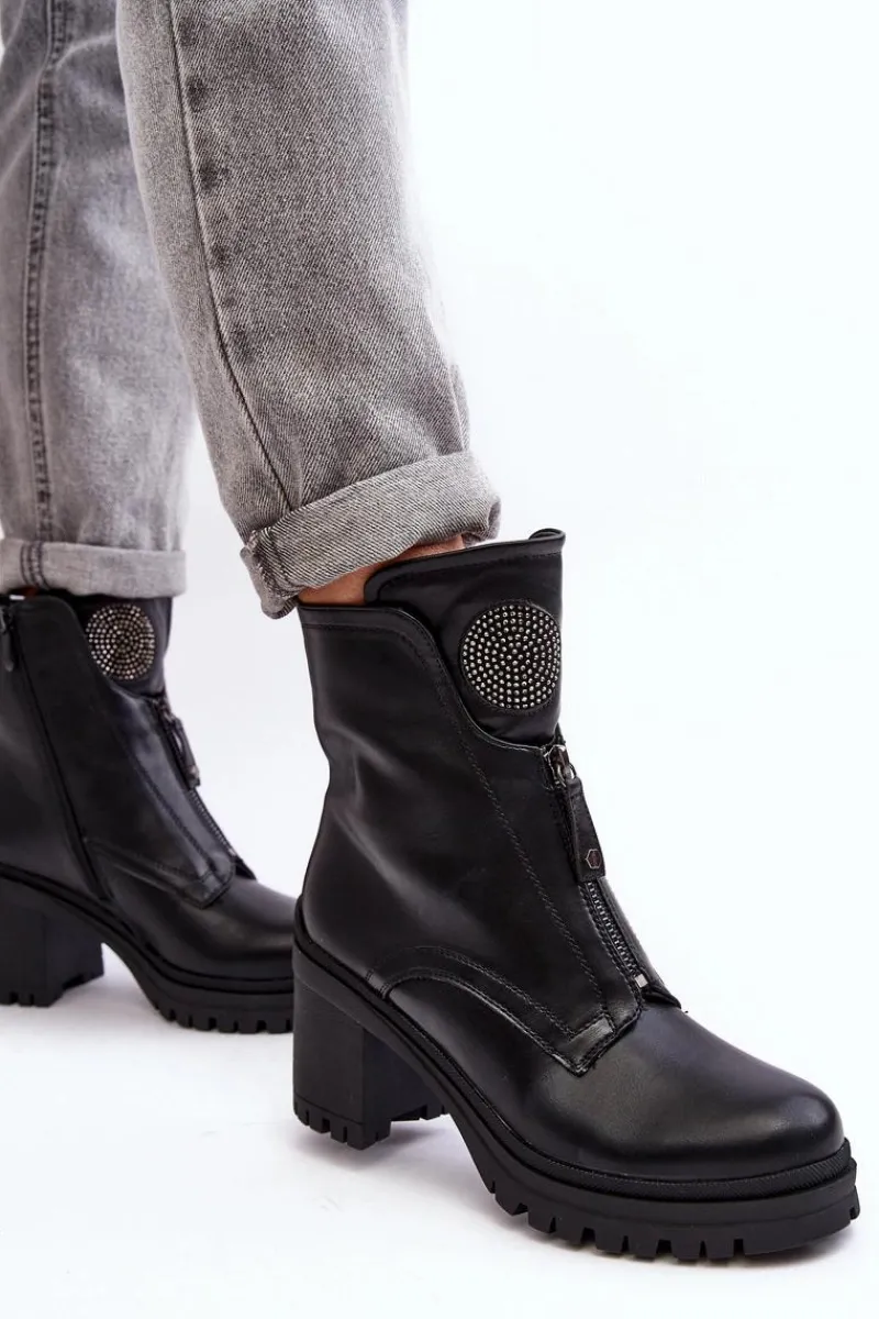 Botki Na Słupku|Czarne Botki>Buty damskie Vinceza Damskie Skórzane Botki Z Dżetami Czarne Rosie