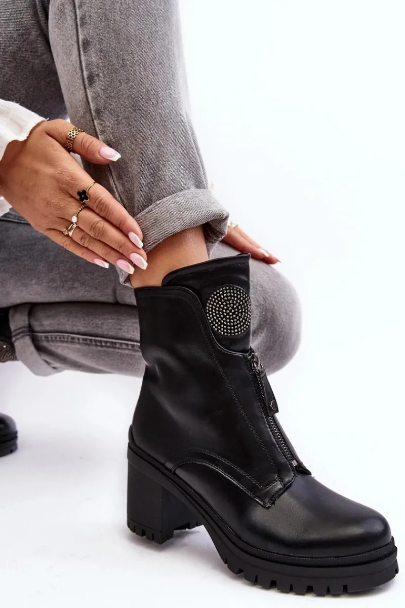 Botki Na Słupku|Czarne Botki>Buty damskie Vinceza Damskie Skórzane Botki Z Dżetami Czarne Rosie