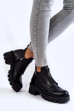 Clearance Damskie Skórzane Botki Z Ozdobą Czarne Maley Damskie Czarne Botki|Botki Zimowe Damskie