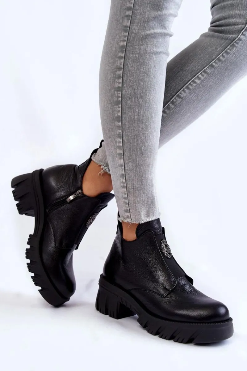 Clearance Damskie Skórzane Botki Z Ozdobą Czarne Maley Damskie Czarne Botki|Botki Zimowe Damskie