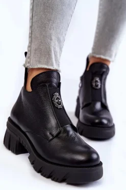 Clearance Damskie Skórzane Botki Z Ozdobą Czarne Maley Damskie Czarne Botki|Botki Zimowe Damskie