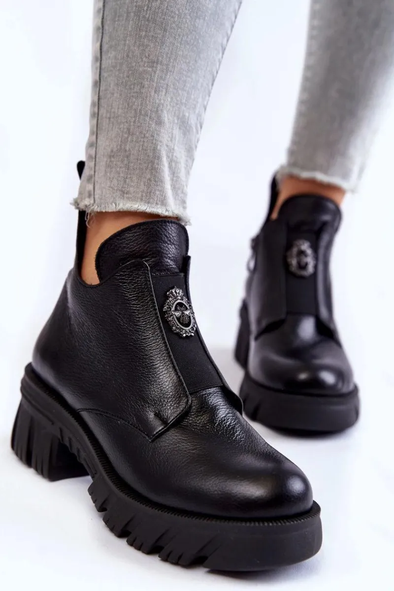 Clearance Damskie Skórzane Botki Z Ozdobą Czarne Maley Damskie Czarne Botki|Botki Zimowe Damskie