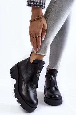 Clearance Damskie Skórzane Botki Z Ozdobą Czarne Maley Damskie Czarne Botki|Botki Zimowe Damskie